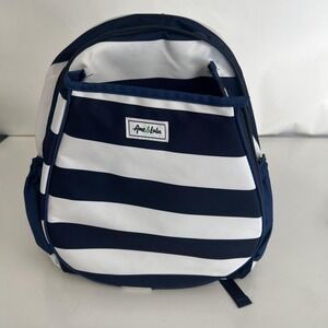Ame & Lulu Tennis Backpack Striped Racquet Pickleball Bag Navy White Pockets